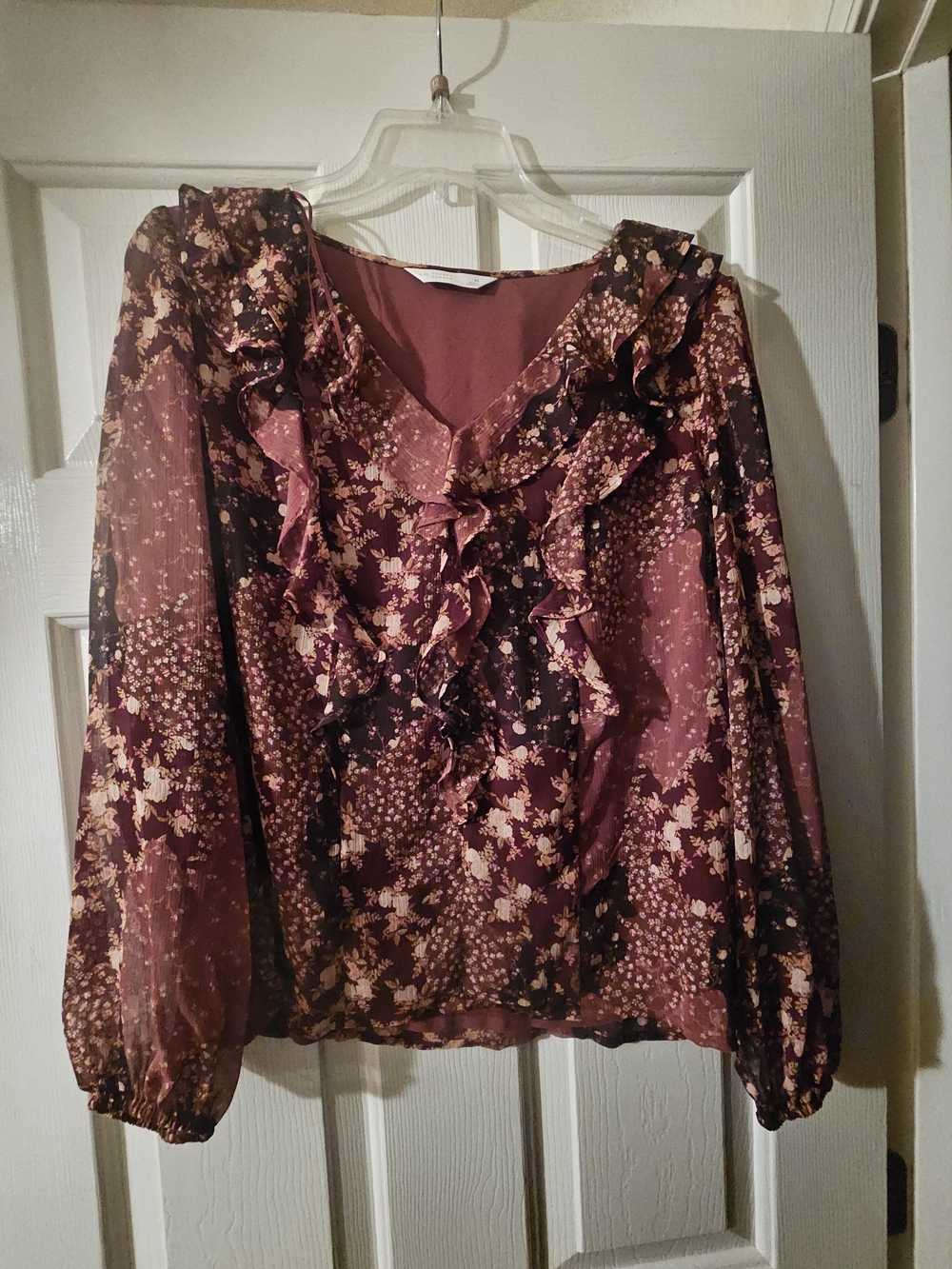 LC Lauren Conrad Burgundy Floral Ruffle V-Neck Blouse